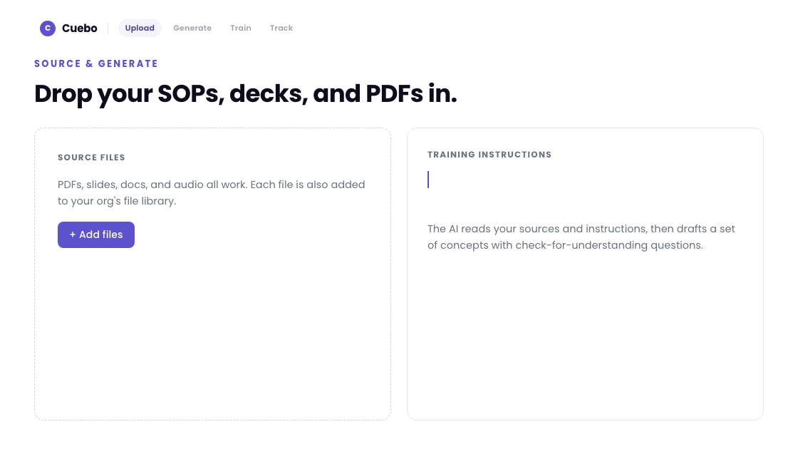 Drop in a source file. The AI reads it and generates concepts with check-for-understanding questions - ready to run.