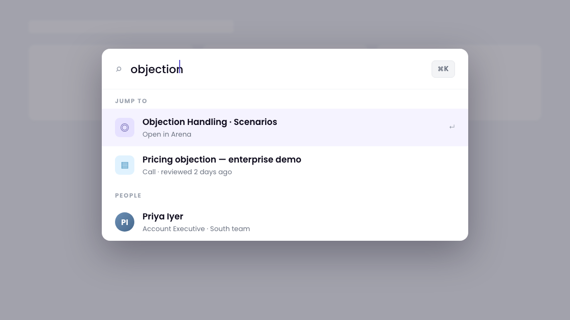 Cuebo command palette search showing quick navigation to objection handling scenarios and call recordings