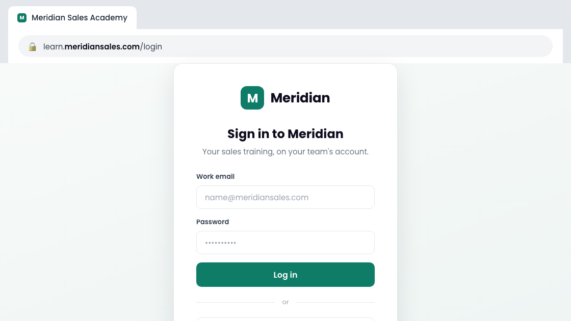 Cuebo login page running on a customer's own domain with custom branding
